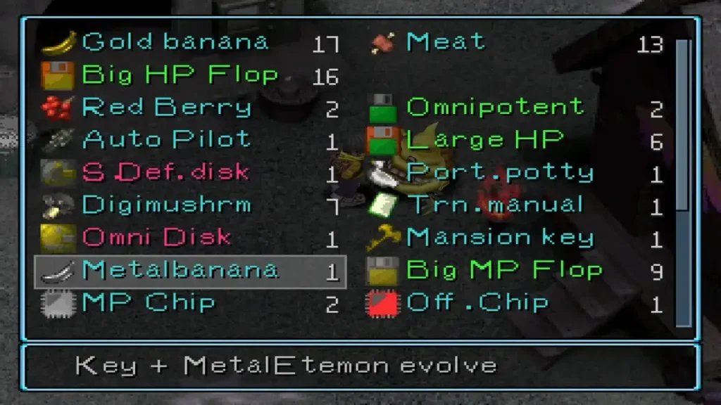 Digimon World inventory showing the Metal Banana Digivolution item