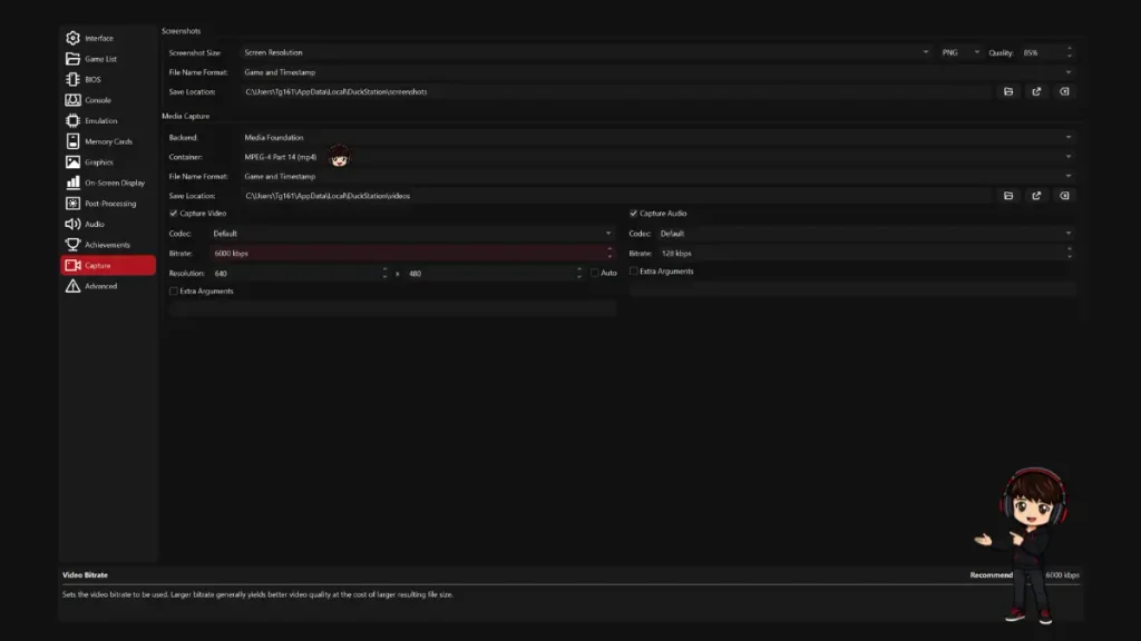 DuckStation Capture settings with container, video codec, bitrate, resolution and audio options
