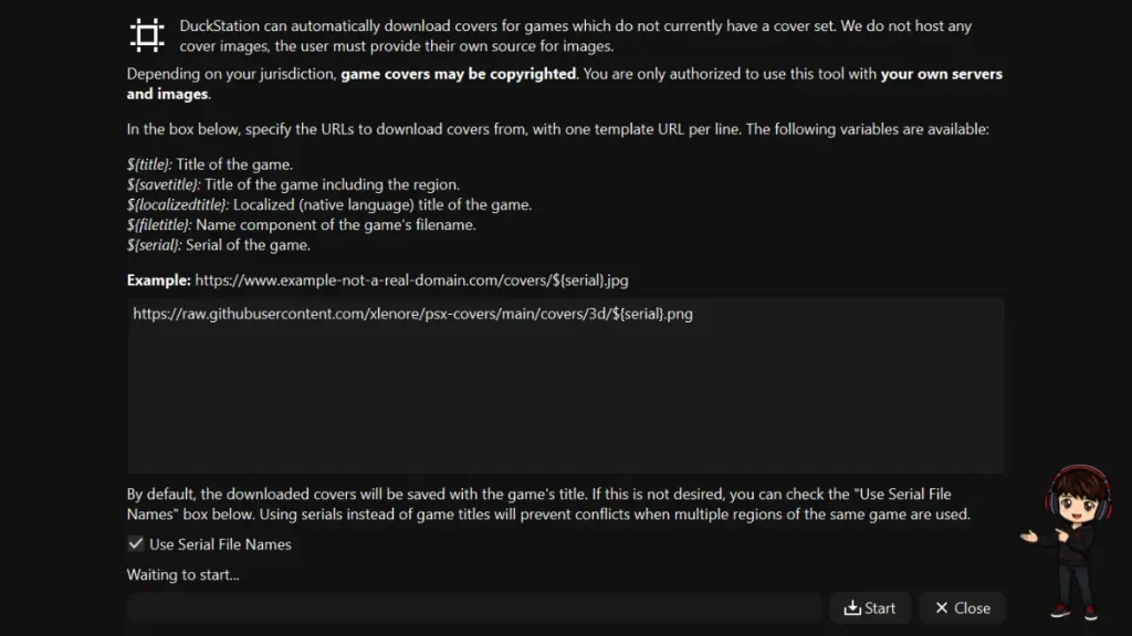 DuckStation Cover Downloader with a serial-based cover URL and PS1 box art in grid view