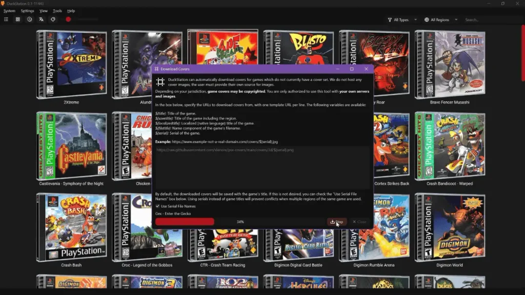 DuckStation cover downloader showing PS1 box art in grid view