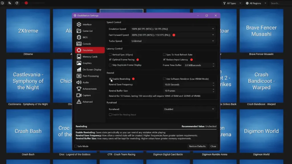 DuckStation graphics settings with rendering and advanced options
