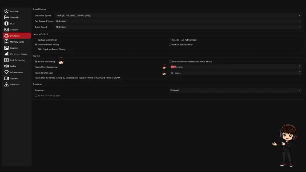 DuckStation Emulation settings with Enable Rewinding, save frequency and rewind buffer size