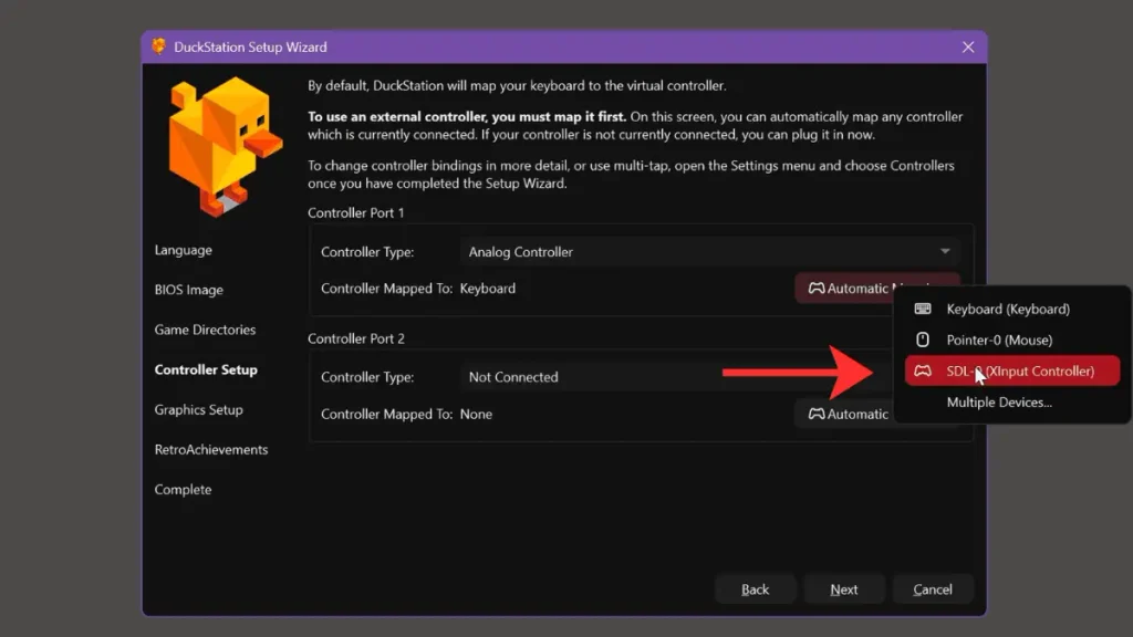 DuckStation controller setup wizard using automatic controller mapping