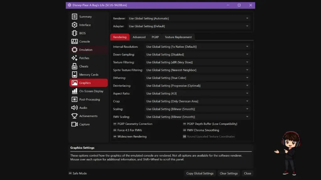 DuckStation game Properties window showing per-game settings separate from global settings