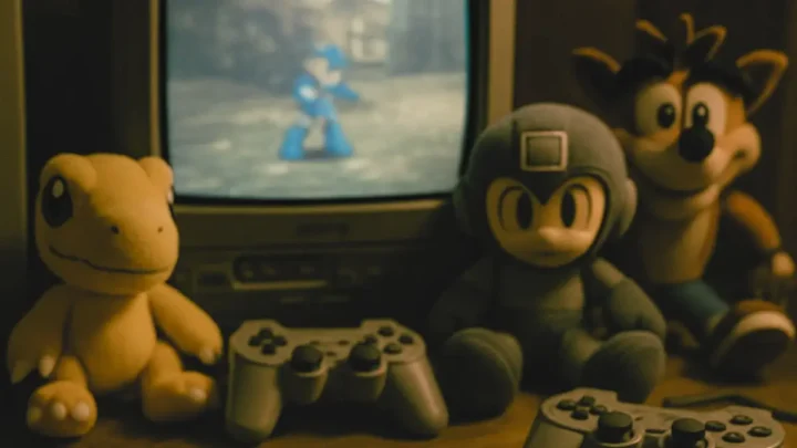 PS1 memories represented by a CRT television, controllers, memory cards, and classic game character toys