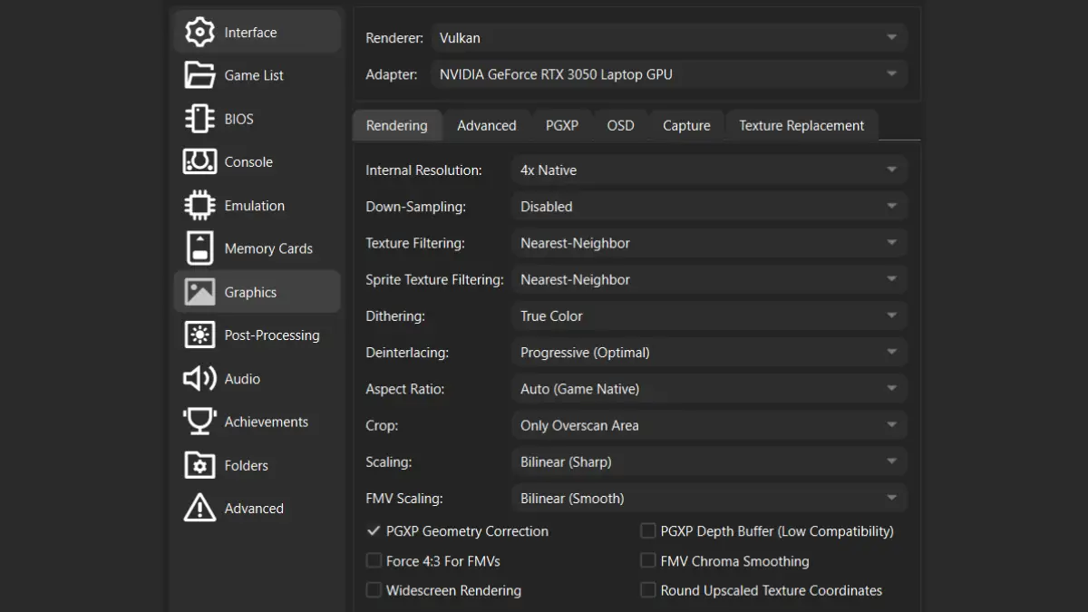 DuckStation rendering settings for PS1 emulation on a handheld