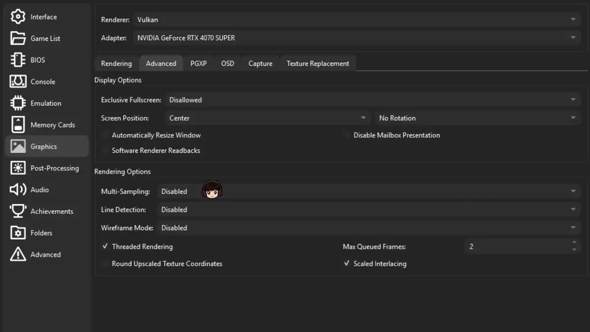 DuckStation graphics settings with internal resolution and multi-sampling options