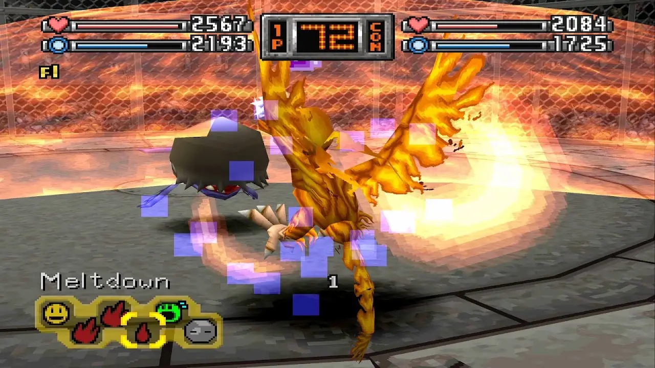 Meltdown fire tech animation in Digimon World 1