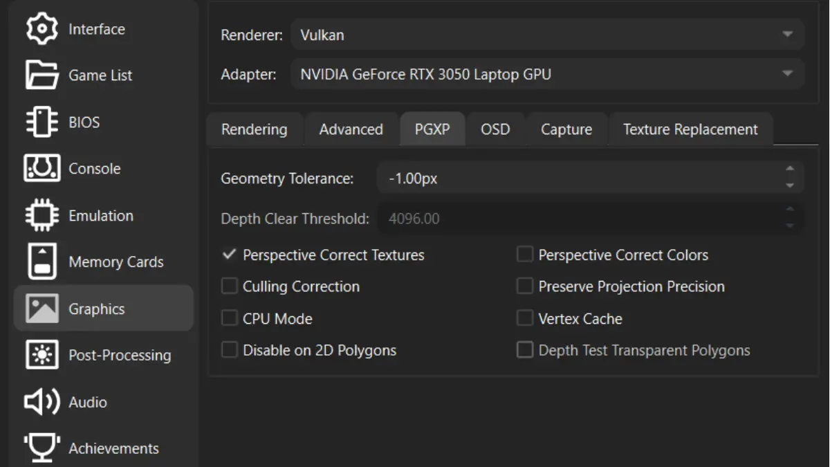 DuckStation PGXP settings for PlayStation geometry correction