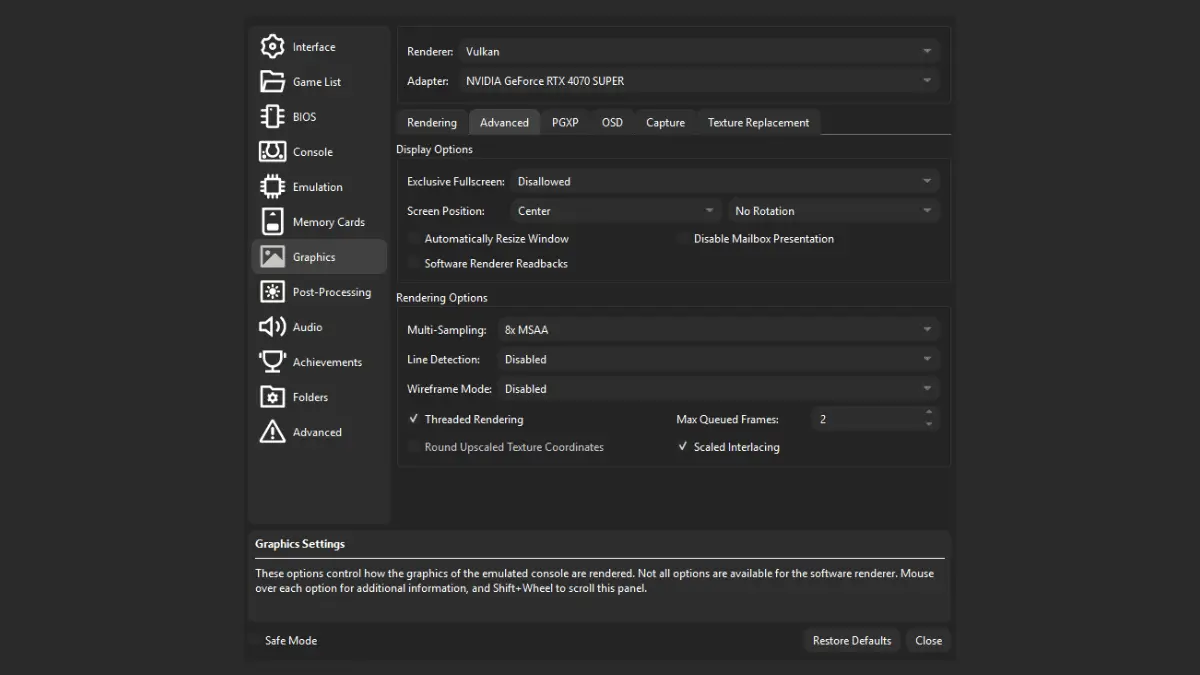 DuckStation Advanced graphics settings with multi-sampling, threaded rendering and queued frames