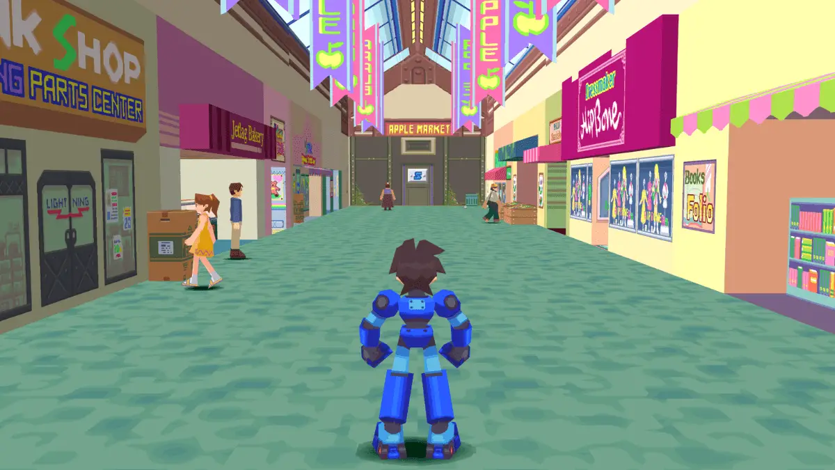 Apple Market in Mega Man Legends with shops on Kattelox Island