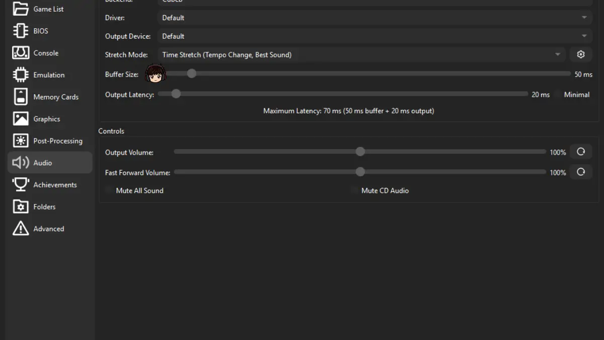DuckStation Audio settings showing Buffer Size and Output Latency