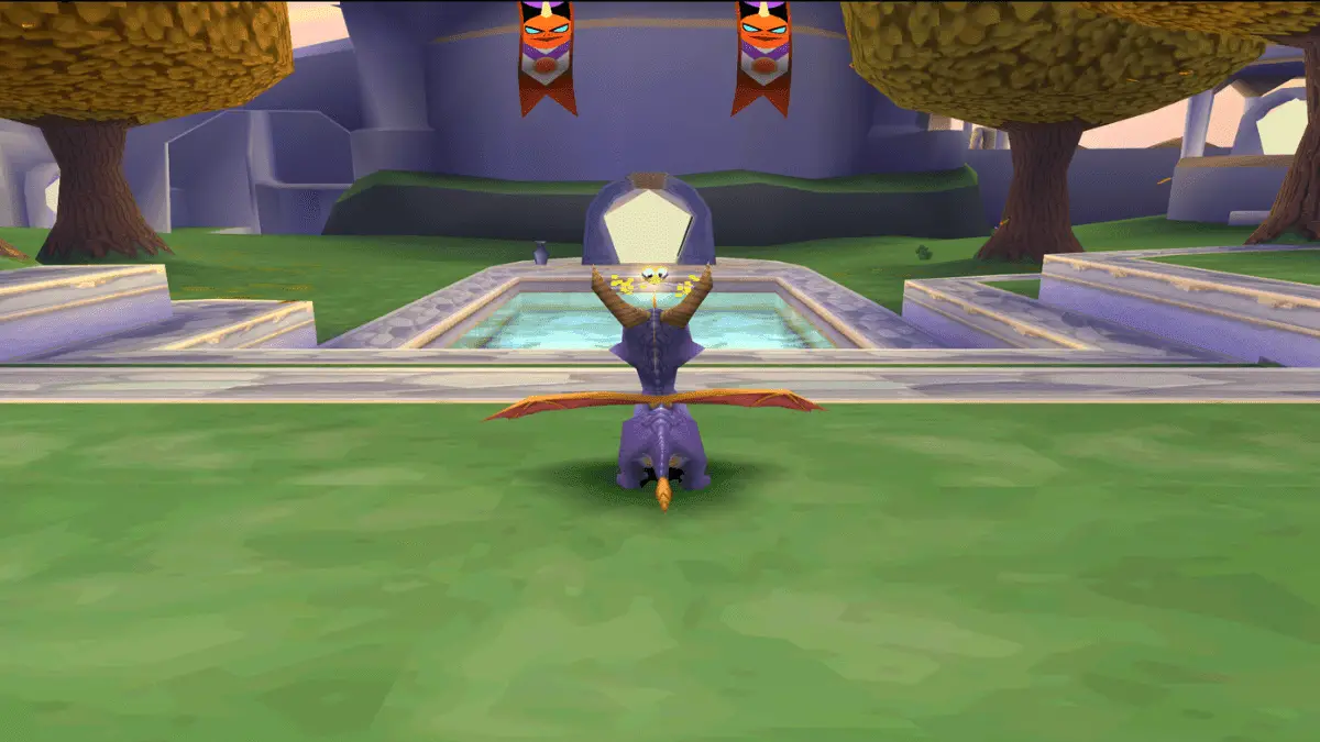 Autumn Plains hub in Spyro 2 with castle towers, bridges, and open skies