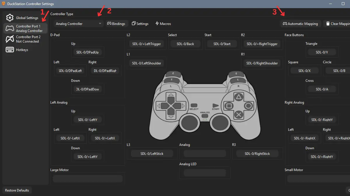 DuckStation Controller Port 1 with Analog Controller and automatic controller bindings