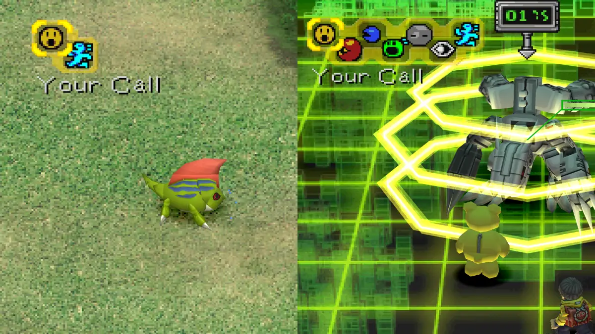 Digimon World battle command comparison showing more control with higher Brains