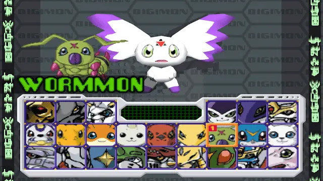 Character selection screen in Digimon Rumble Arena on PS1