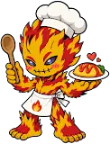 Meramon serving food in the Digimon World restaurant