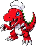 Tyrannomon serving food in the Digimon World restaurant