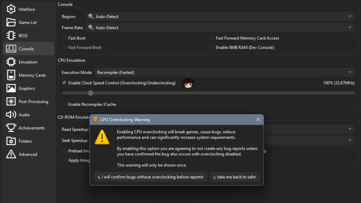 DuckStation CPU Clock Speed Control setting