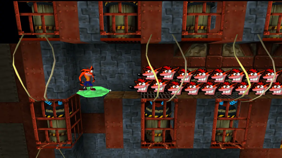 Crash Bandicoot standing on a green gem platform surrounded by extra lives