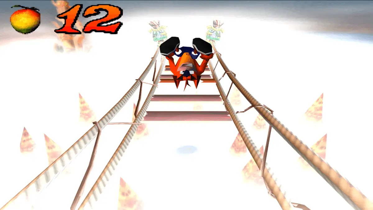Crash Bandicoot jumping across the narrow rope bridge in The High Road