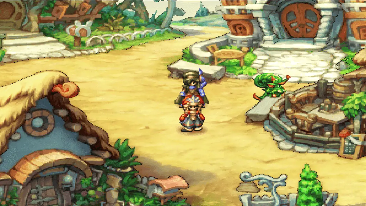 Domina in Legend of Mana with watercolor town streets and market buildings