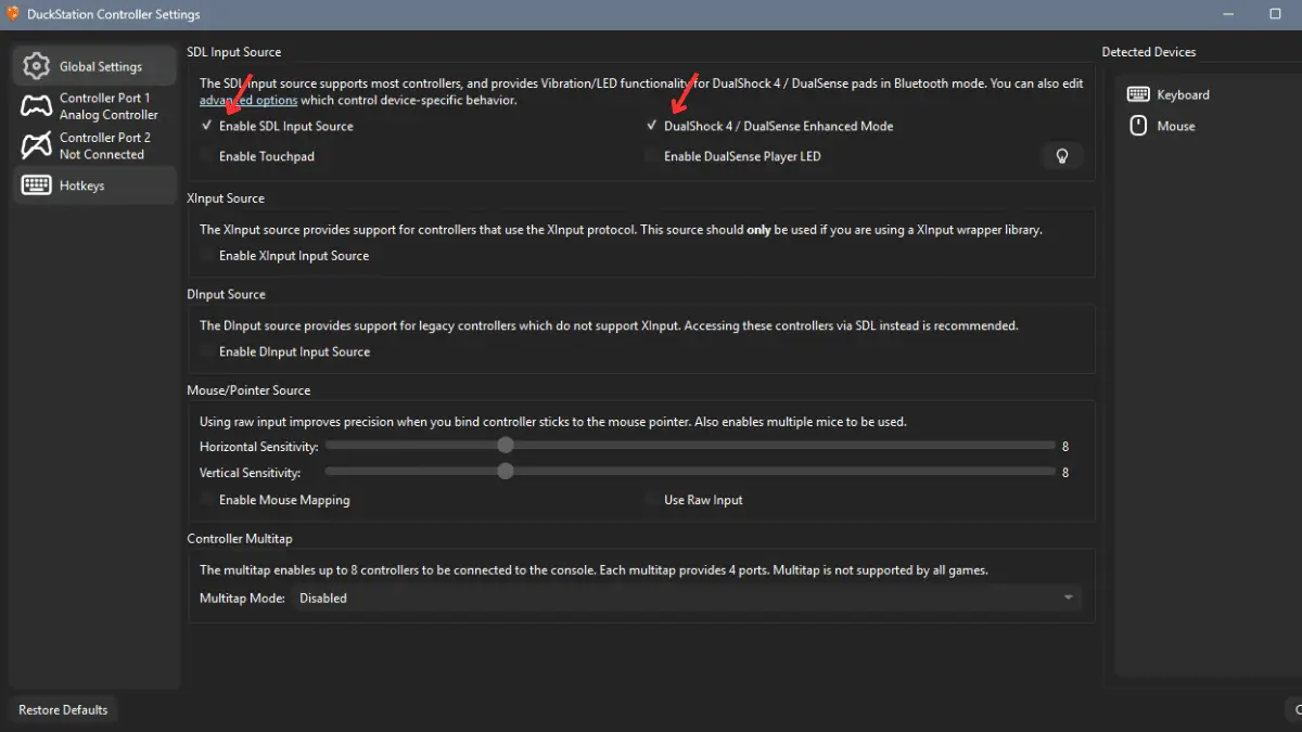 DuckStation SDL settings with DualShock 4 and DualSense Enhanced Mode