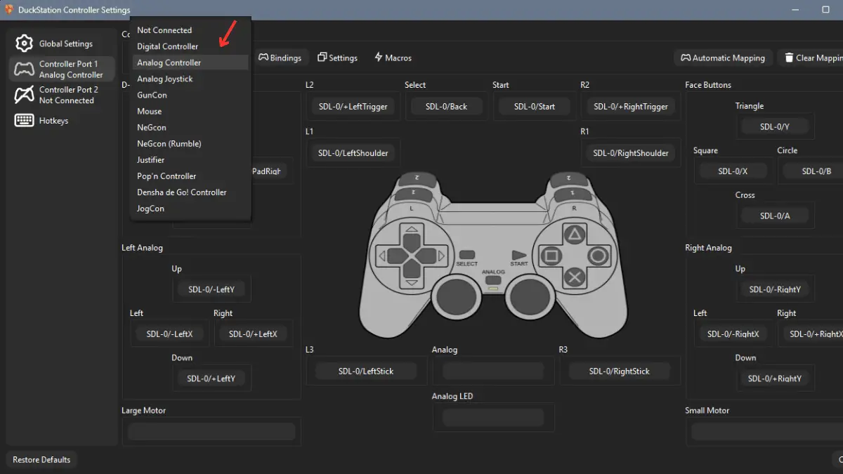 DuckStation controller type menu showing Analog Controller and Digital Controller