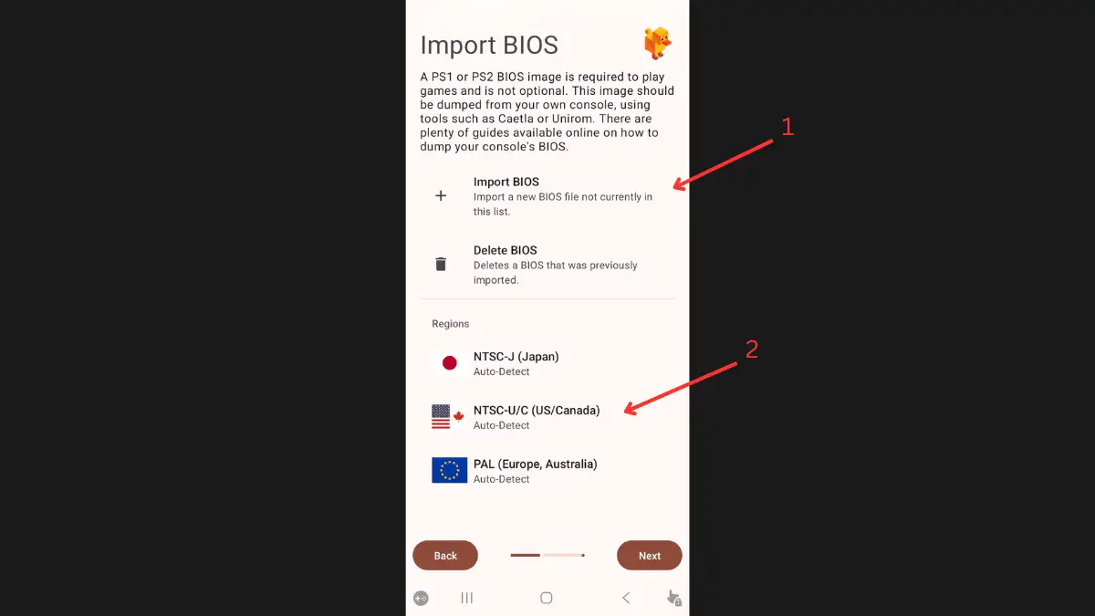 duckstation android import bios screen with region selection