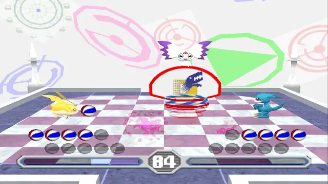 Patamon and Veemon playing the basketball mini-game in Digimon Rumble Arena