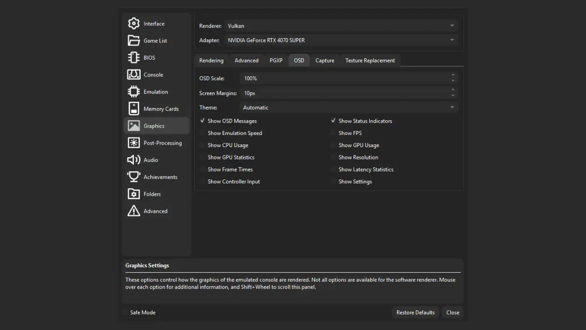 DuckStation On-Screen Display settings with FPS, emulation speed, messages and indicators