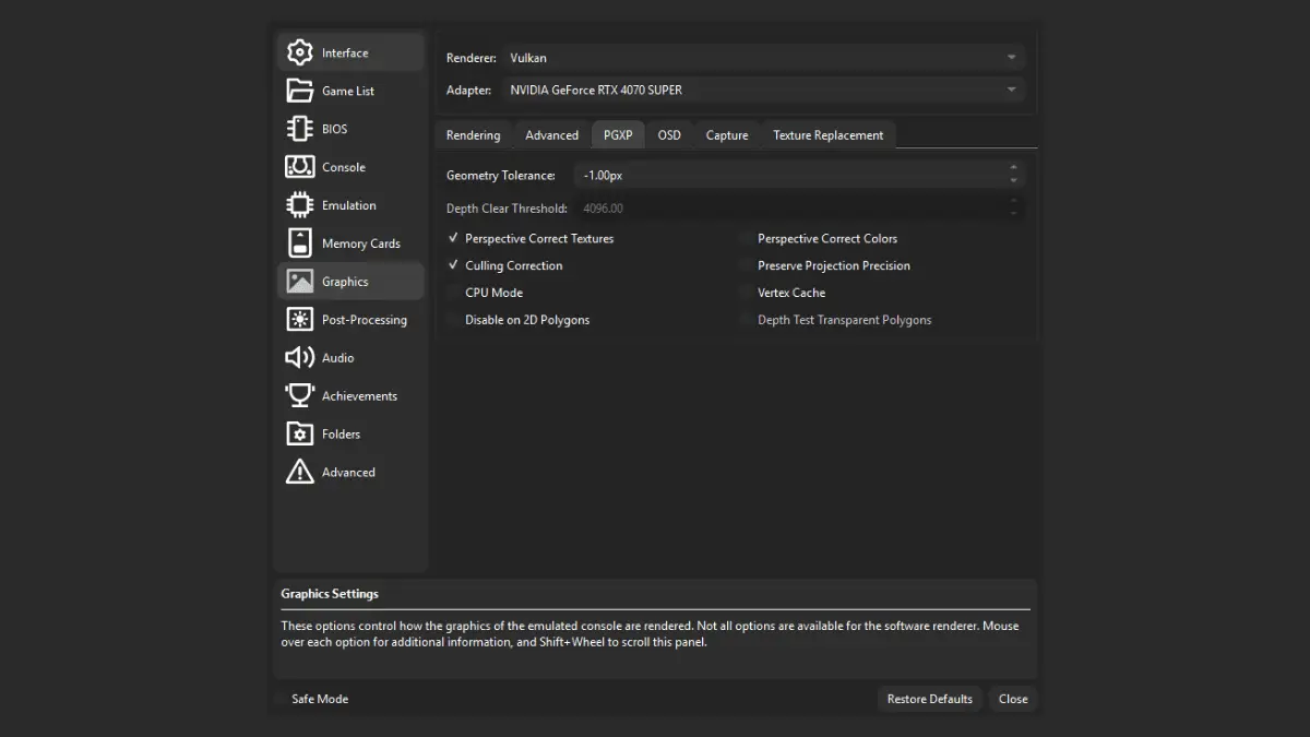 DuckStation PGXP settings with perspective-correct textures, culling correction and CPU mode