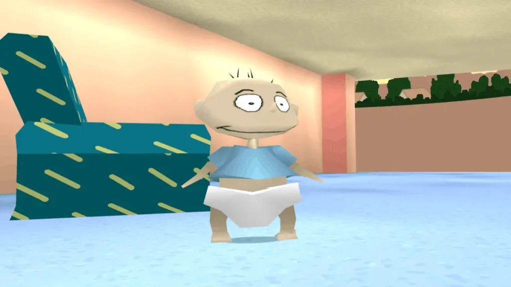 tommy standing in the pickles house with a diaper on