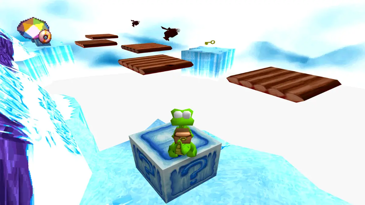 Croc platforming through an icy level in Croc Legend of the Gobbos