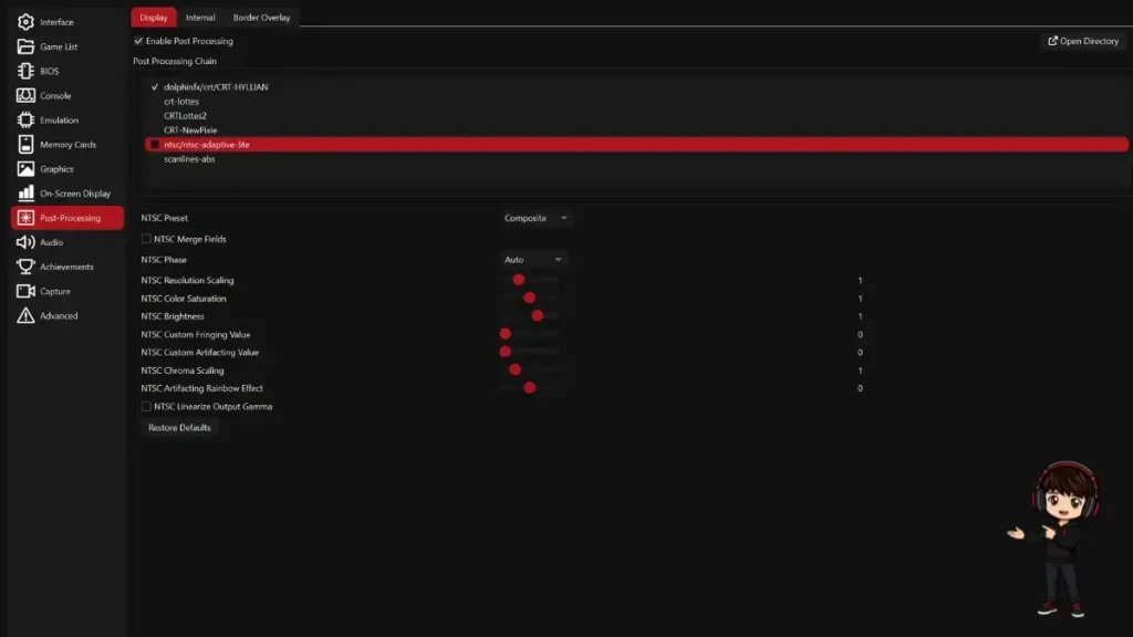 DuckStation Post-Processing settings showing CRT shader options