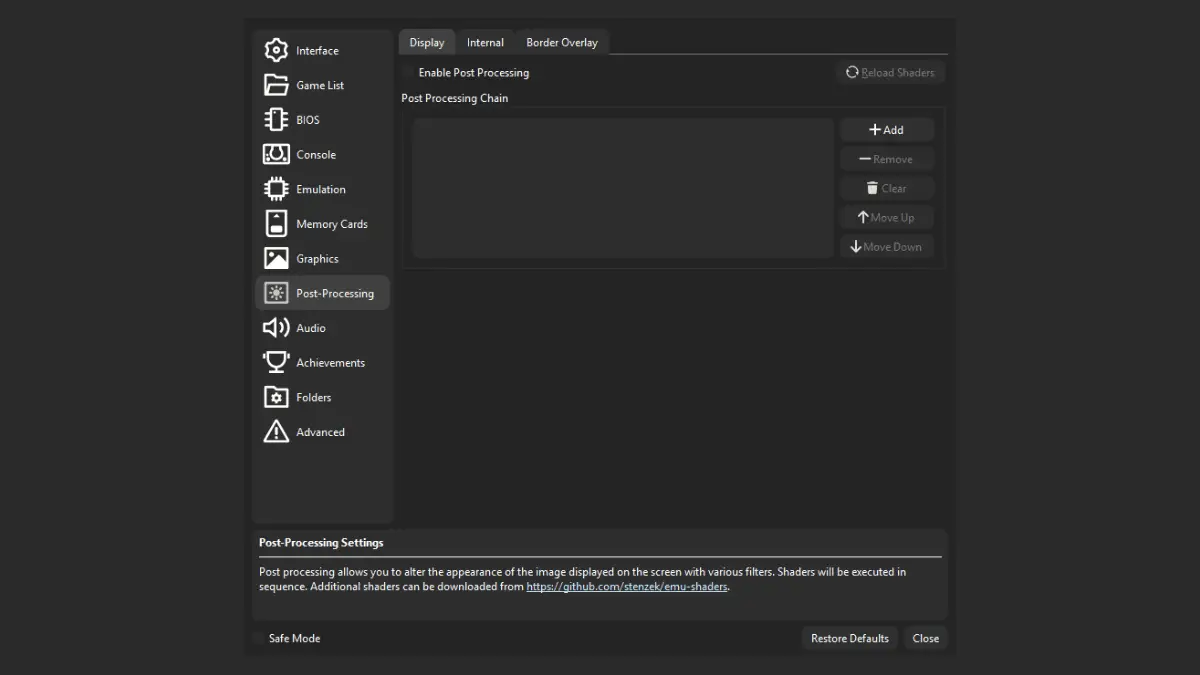 DuckStation Post-Processing settings for shaders and display effects