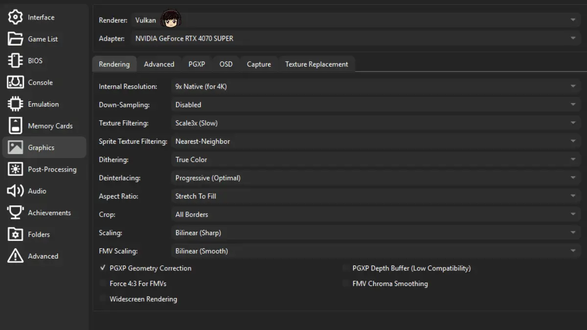 DuckStation Graphics settings showing the renderer option