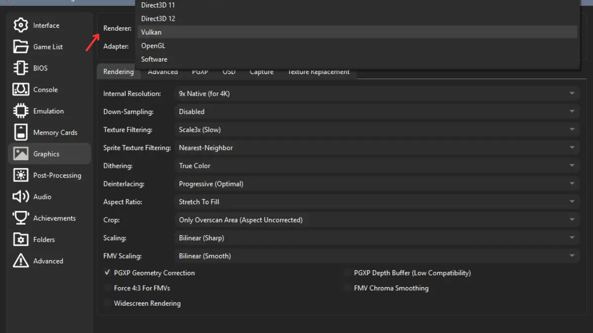 DuckStation Graphics settings showing the Renderer option