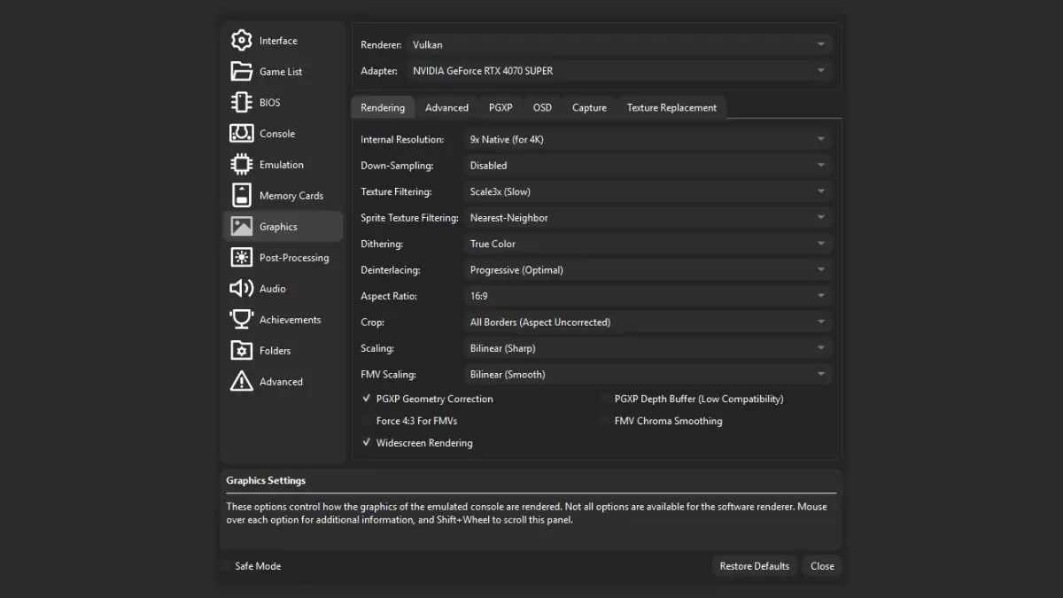 DuckStation Rendering settings menu with renderer, internal resolution, filtering and PGXP options
