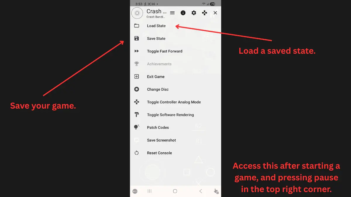 duckstation android save state and load state options in pause menu