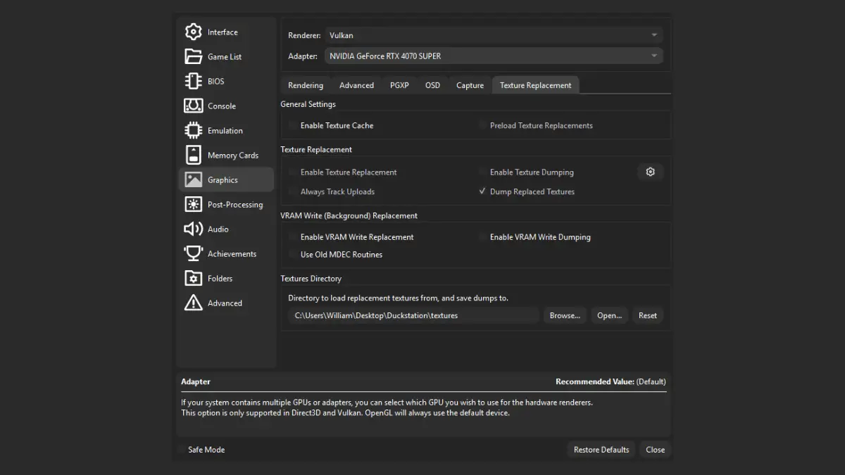 DuckStation Texture Replacements settings showing texture cache and preload options
