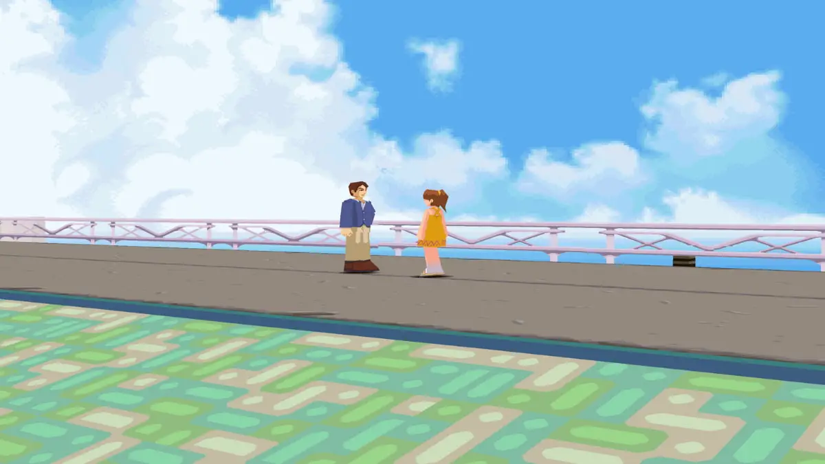 a couple walking the pier in megaman legends on a sunny day