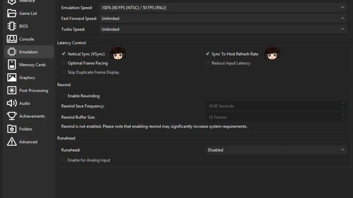 DuckStation VSync and Sync to Host Refresh Rate settings
