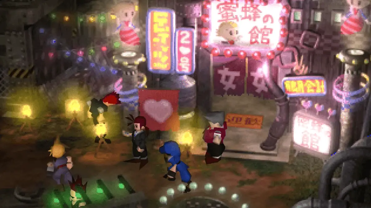 Wall Market in Final Fantasy VII with neon shops in the Sector 6 slums