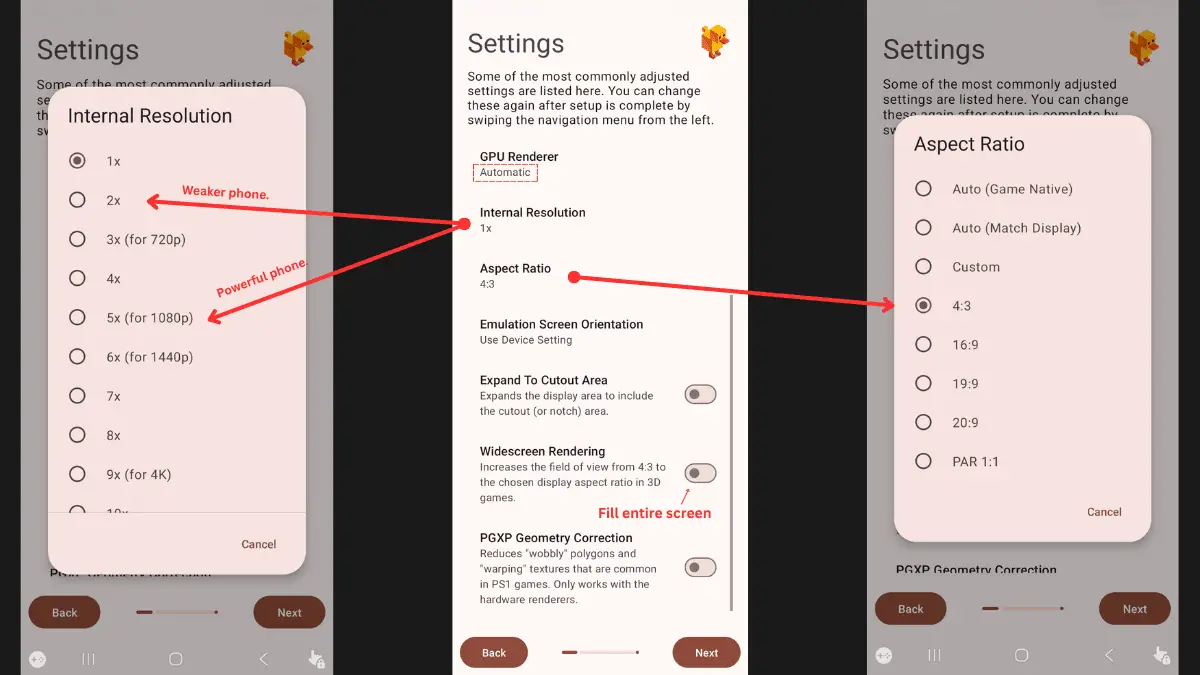 duckstation android graphics settings wizard with GPU renderer and resolution options