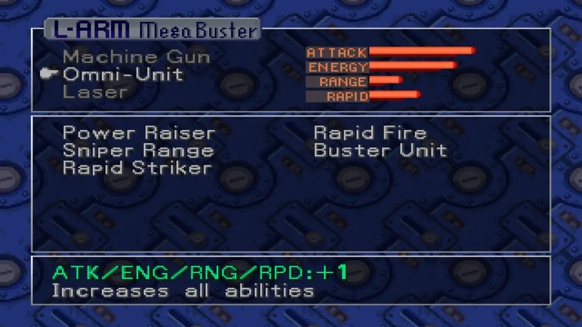 Mega Man Legends Buster Parts customization screen showing weapon stats