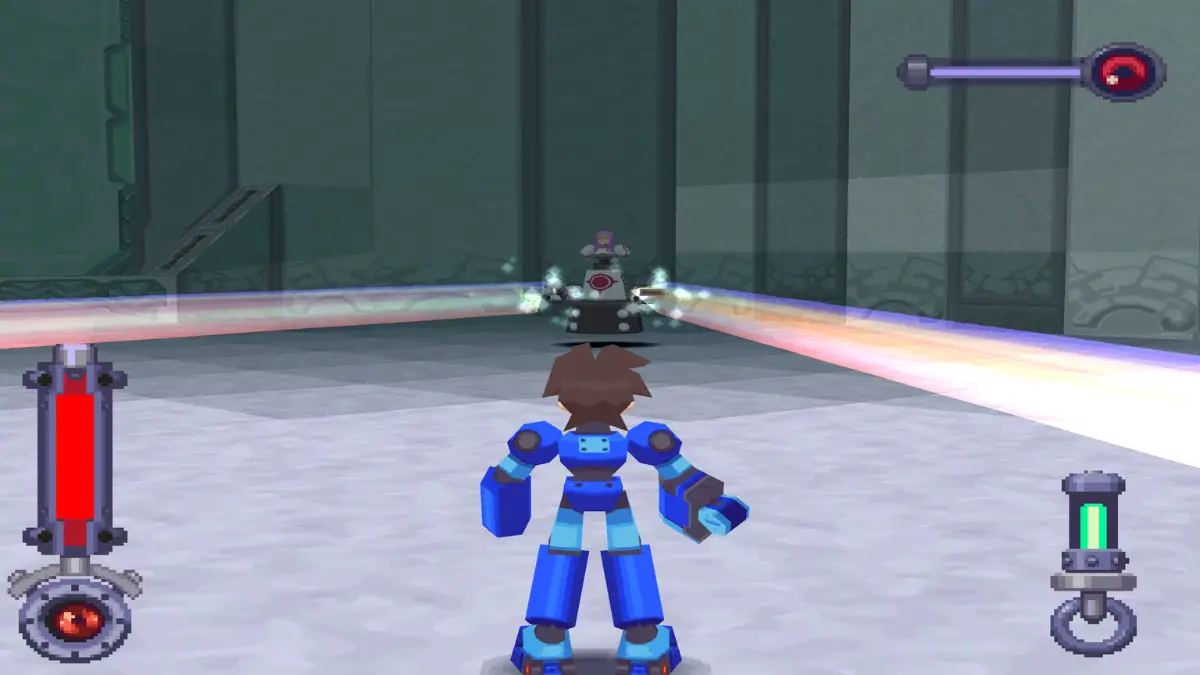 Mega Man facing a late-game enemy firing lasers in Mega Man Legends
