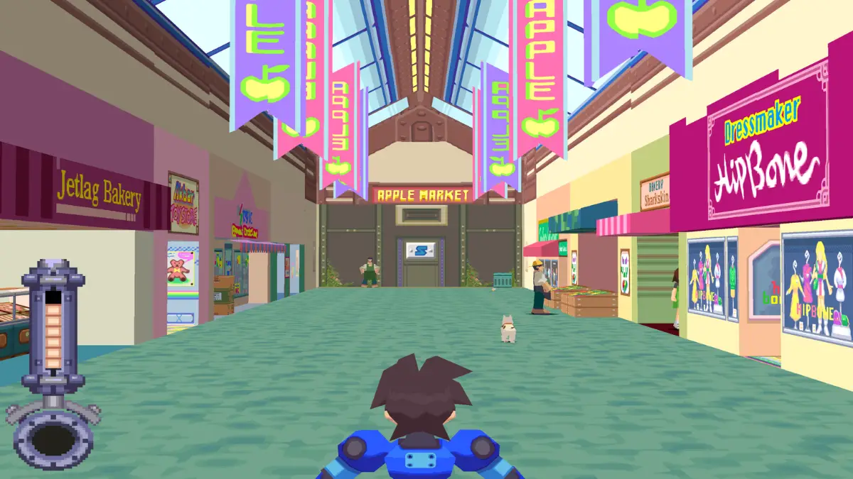 Mega Man Volnutt exploring Apple Market on Kattelox Island in Mega Man Legends